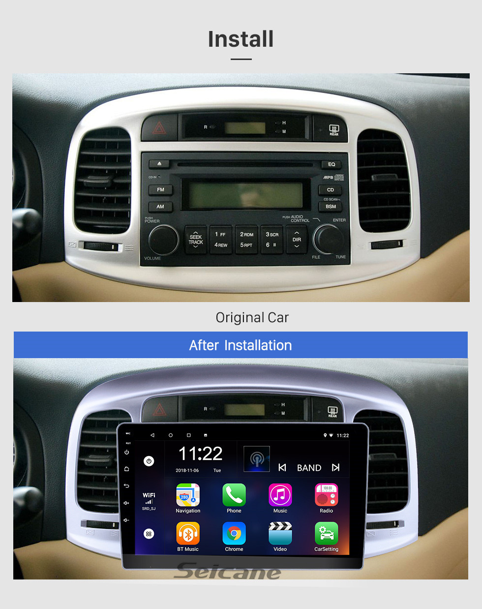 Seicane 2006-2011 Hyundai Accent Сенсорный экран Android 10.0 9-дюймовое головное устройство Bluetooth Stereo с музыкой Поддержка AUX WIFI DAB + OBD2 DVR Управление рулевого колеса