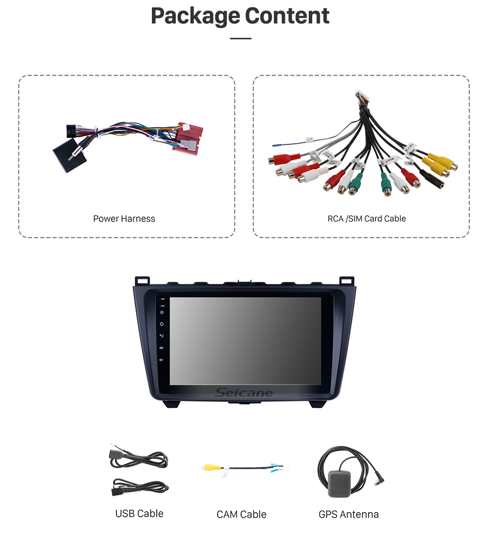 Seicane Dans le tableau de bord Radio 9 pouces HD 1024 * 600 Écran tactile Android 10.0 Pour 2008 2009 2010 2011-2015 Mazda 6 Rui wing Système de navigation GPS Support Commande au volant DVR OBDII Caméra de recul WiFi DAB +