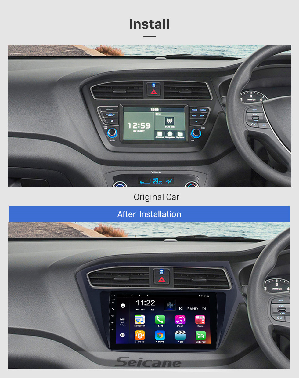 Seicane OEM 9 pulgadas Android 10.0 Radio para 2018-2019 Hyundai i20 RHD Bluetooth Wifi Pantalla táctil con GPS Soporte para navegación Carplay DVR OBD Cámara de visión trasera