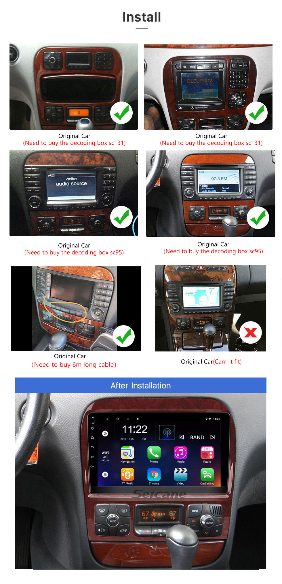Seicane Android 12.0 HD Écran tactile 9 pouces pour 1998-2005 Mercedes Benz Classe S W220 S280 S320 S350 S400 S430 S500 Radio Système de navigation GPS avec Bluetooth Carplay