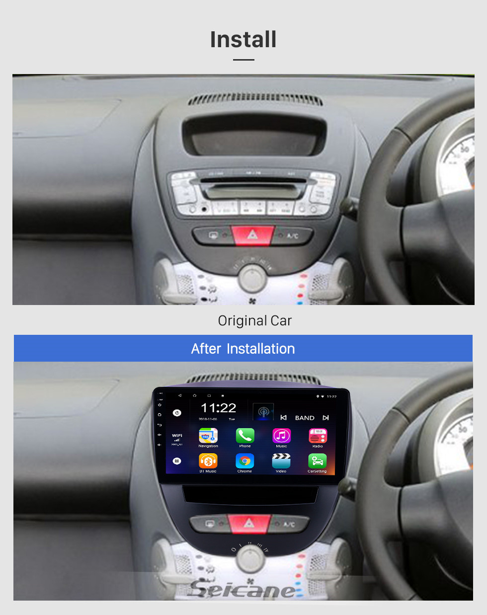 Seicane 10,1 pouces Android 10.0 2005-2014 radio de navigation GPS avec GPS Bluetooth et écran tactile tactile Ayigo Toyota Aygo avec support TPMS DVR Carplay SWC