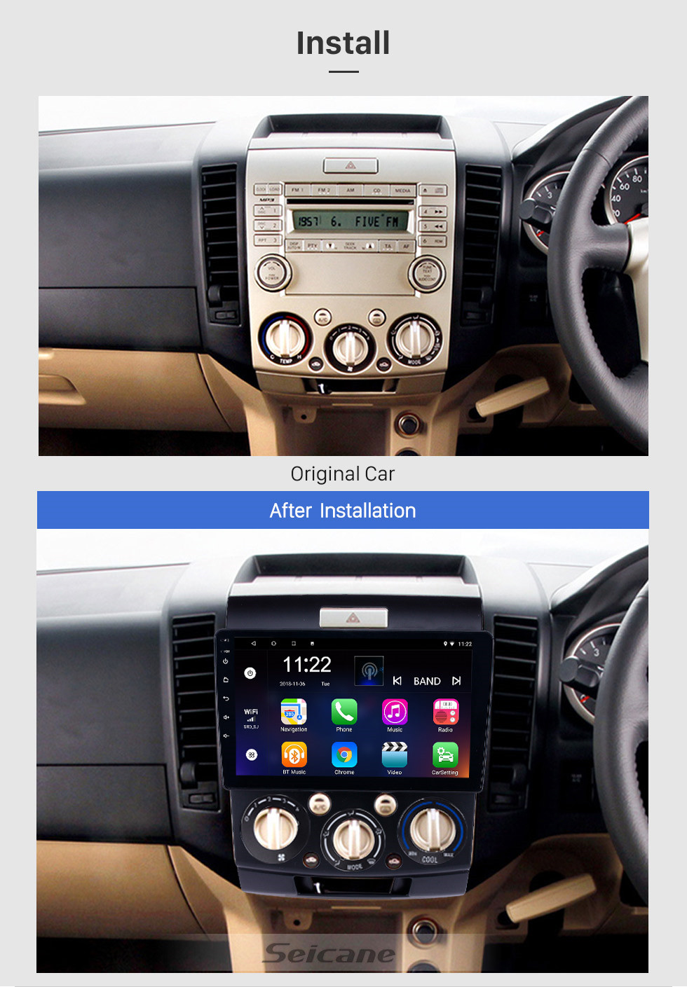 Seicane Android 10.0 Radio de navegación GPS de pantalla táctil de 9 pulgadas para 2006-2010 Ford Everest / Ranger con Bluetooth USB WIFI Soporte AUX Cámara de respaldo Carplay SWC