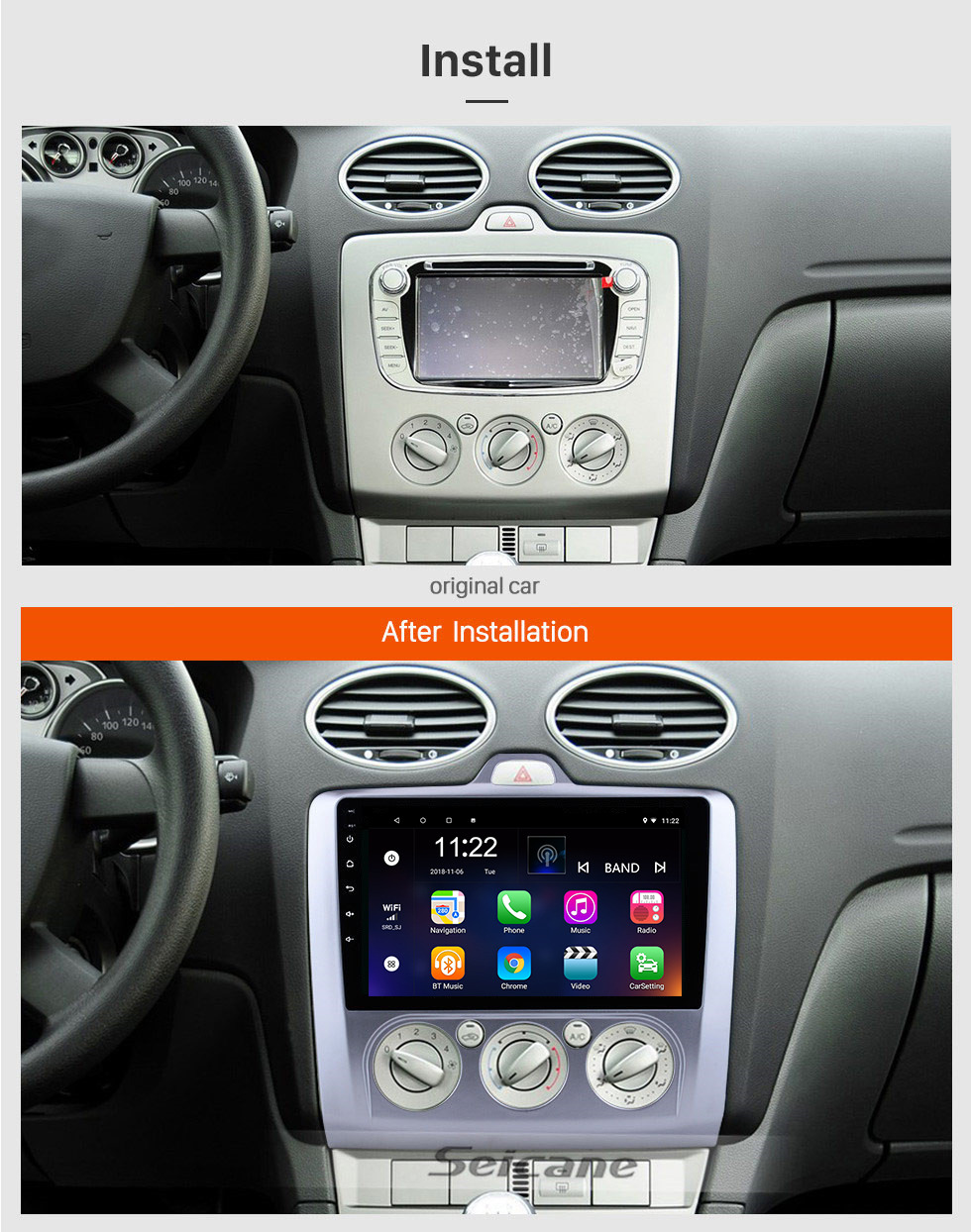 Seicane 2004-2011 Ford Focus EXI MT 2 3 Mk2 / Mk3 Руководство AC 9-дюймовый HD с сенсорным экраном Android 13.0 Радио GPS-навигация 3G WIFI USB OBD2 RDS Зеркальное соединение Bluetooth Музыка Рулевое управление Управление Резервная камера