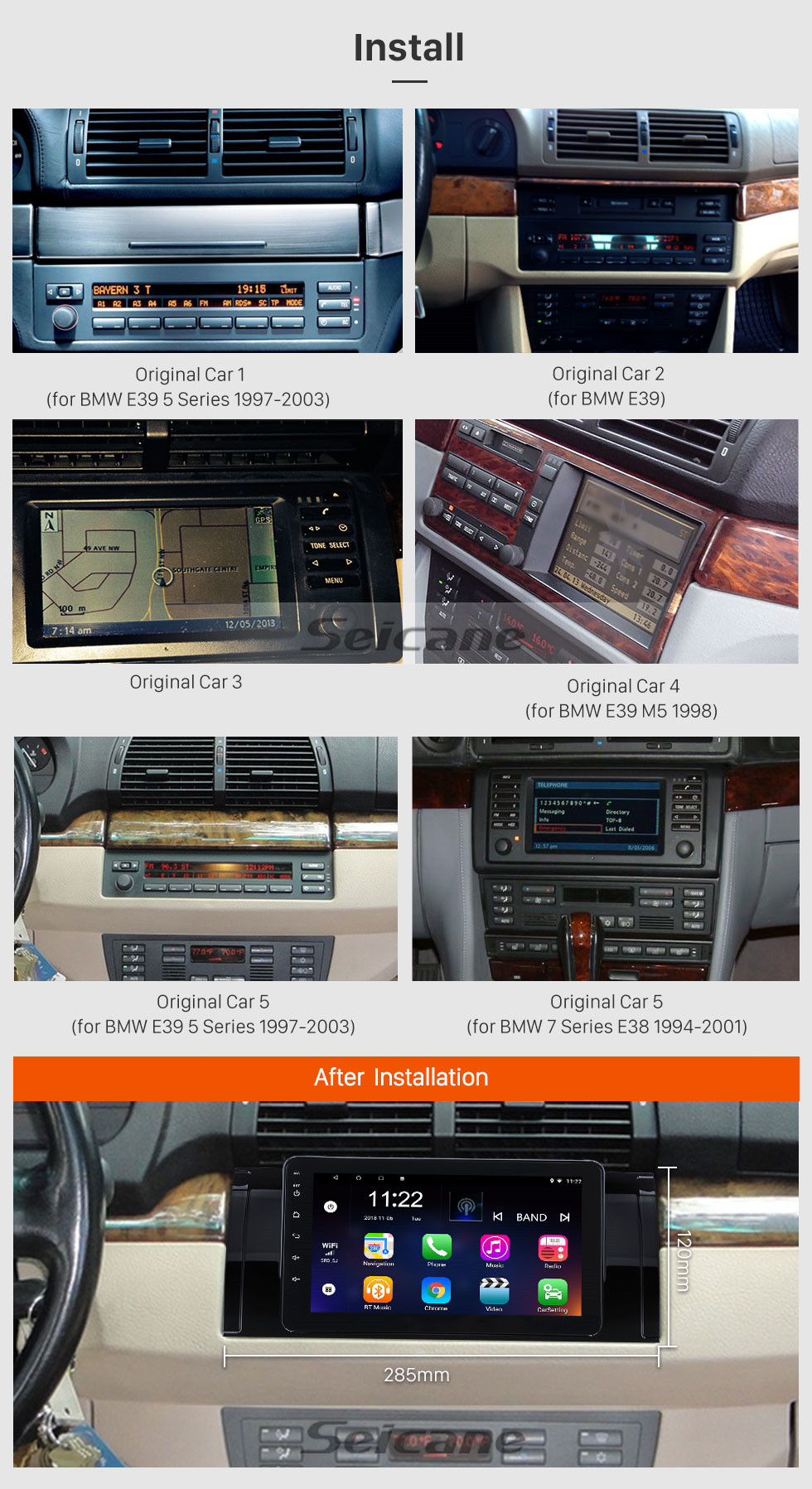 Seicane 8 pouces 1994-2003 BMW Série 5 E39 520i 523i 525i M5 BMW Série 7 E38 BMW X5 E53 BMW M5 Range Rover HD Écran tactile Android 10.0 Navigation GPS Radio WIFI Bluetooth Musique Prise en charge Caméra de recul Carplay