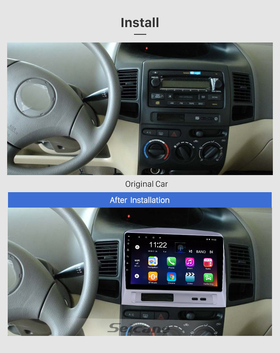 Seicane Écran tactile HD 9 pouces Android 10.0 Radio de navigation GPS pour 2004 Toyota Vios avec support Bluetooth Musique AUX DVR Carplay Commande au volant