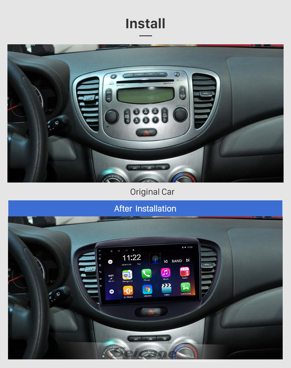 Seicane Écran tactile HD 9 pouces Android 10.0 Radio de navigation GPS pour 2010-2013 Vieux Hyundai i20 avec prise en charge de Bluetooth AUX Carplay Commande au volant
