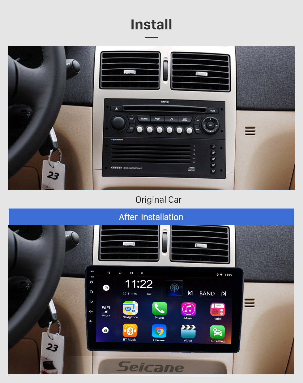 Seicane OEM 9-дюймовый Android 13.0 Radio для 2001-2008 Peugeot 307 Bluetooth HD с сенсорным экраном GPS-навигация Поддержка AUX USB Carplay DVR OBD Камера заднего вида