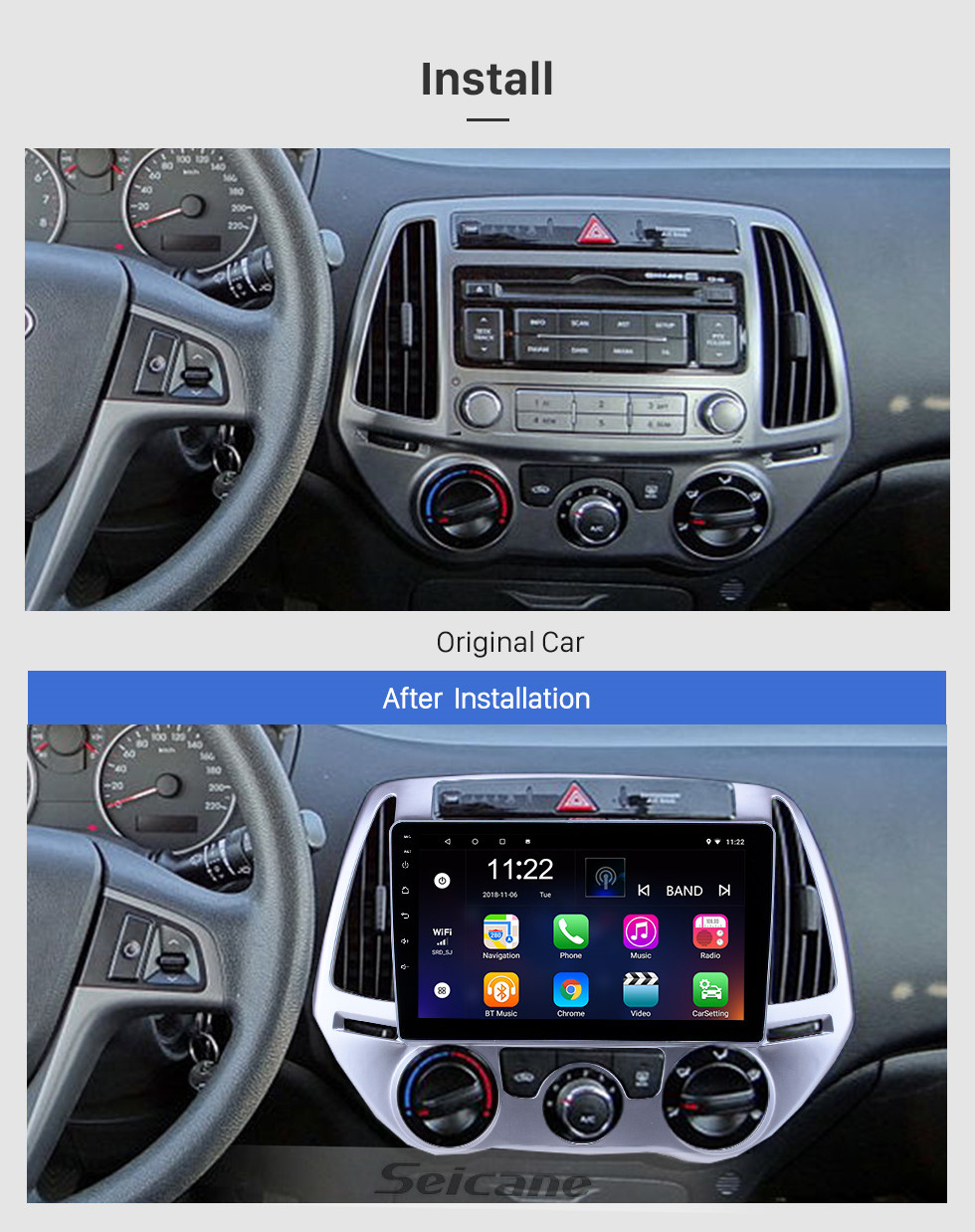 Seicane Android 10.0 9 polegada HD Touchscreen GPS de Navegação GPS para 2012-2014 Hyundai i20 Manual A / C com suporte a Bluetooth USB WIFI Backup câmera Carplay OBD