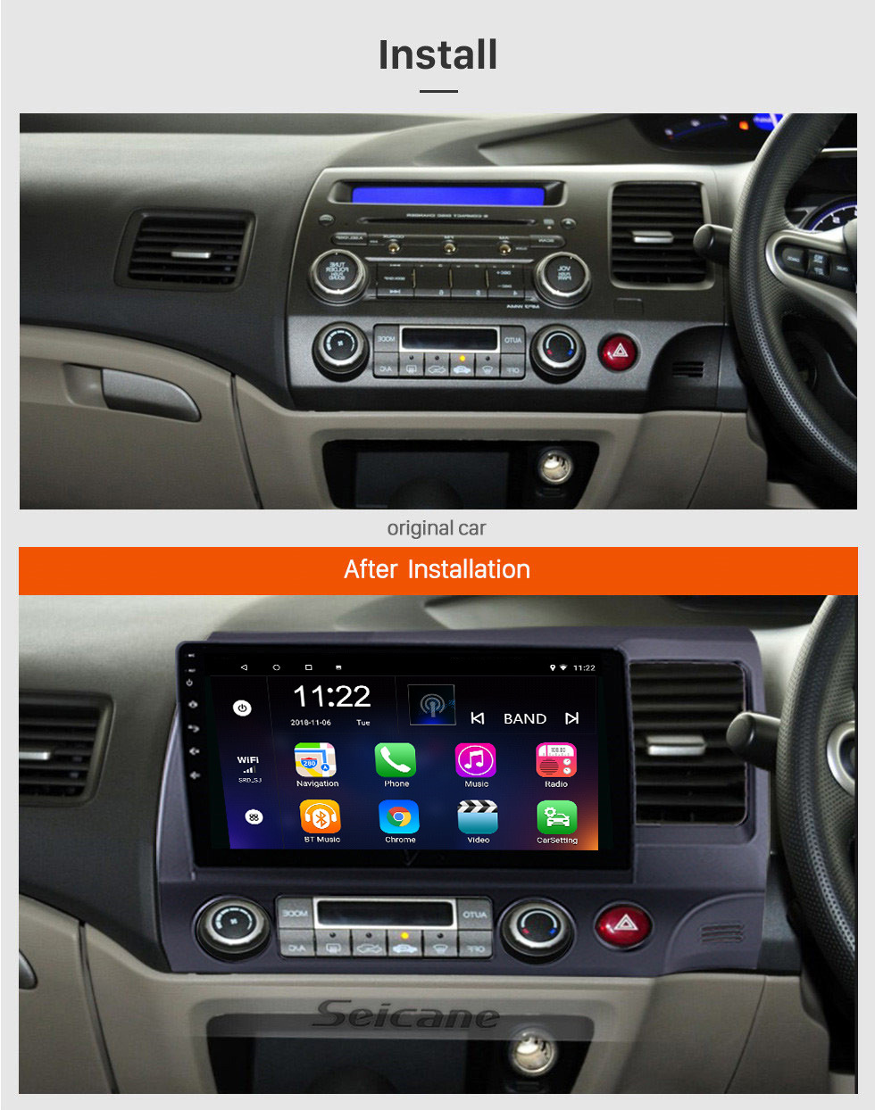 Seicane 10.1 pouces Android 8.1 2006-2011 HONDA CIVIC conduite à droite HD à écran tactile Radio système de navigation GPS WIFI USB Bluetooth Musique 1080P OBDII DVR Lien Miroir