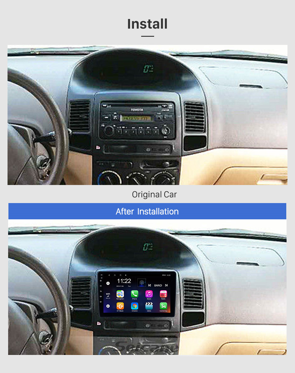 Seicane Android 10.0 9 polegadas Touchscreen Navegação GPS Rádio para 2002 Toyota Vios com Bluetooth USB suporte WIFI Carplay SWC Câmera traseira OBD2 DAB +