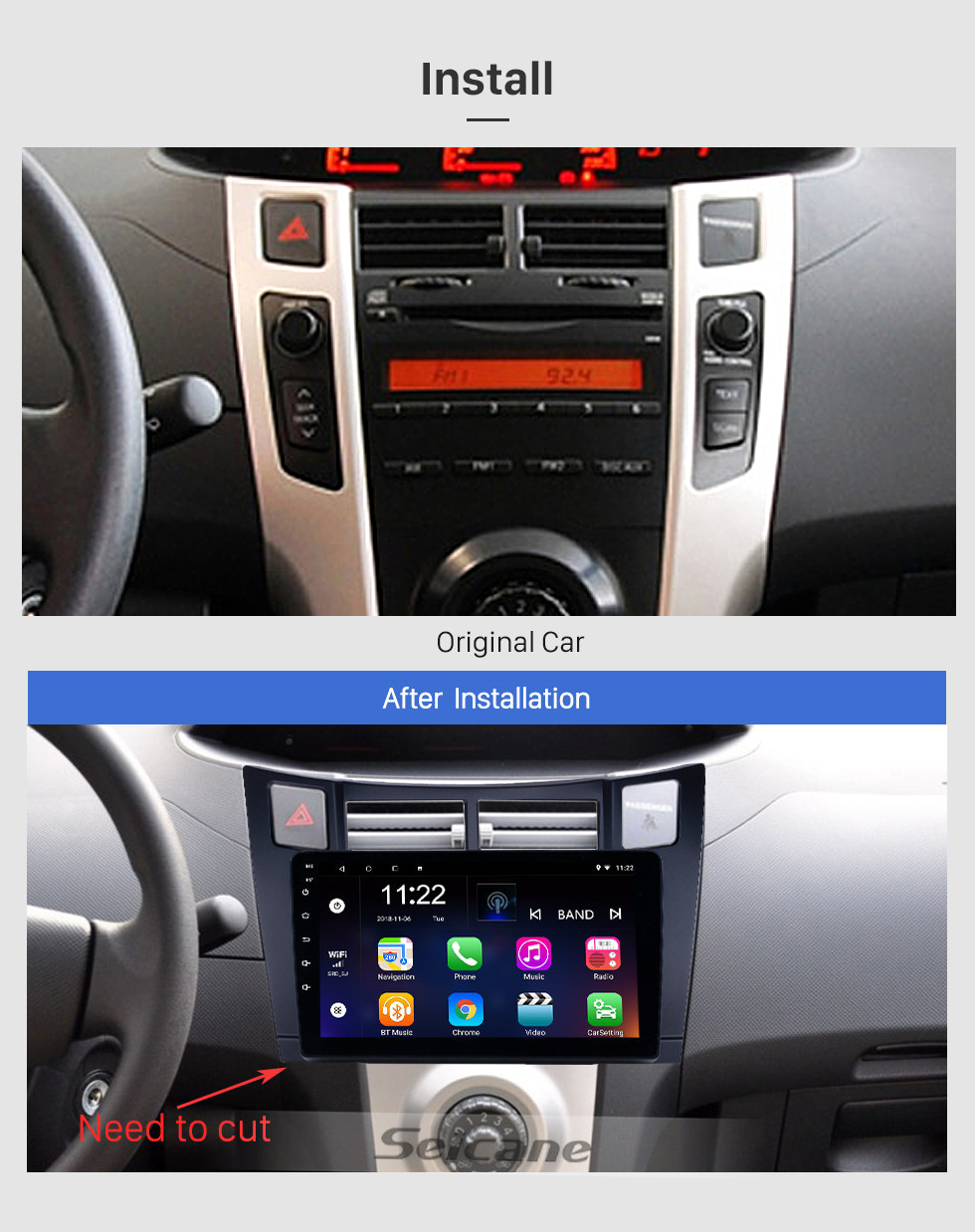 Seicane 2005-2011 Toyota Yaris Vitz Platz Android 10.0 Touchscreen 9 inch Head Unit Bluetooth GPS Navigation Radio with AUX WIFI support OBD2 DVR SWC Carplay