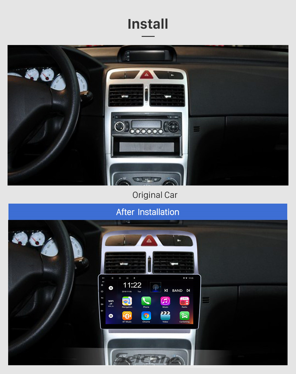 Seicane 9 polegada Android 10.0 HD Touchscreen GPS de Navegação GPS para 2007-2013 Peugeot 307 com suporte Bluetooth AUX DVR Carplay Controle de Volante