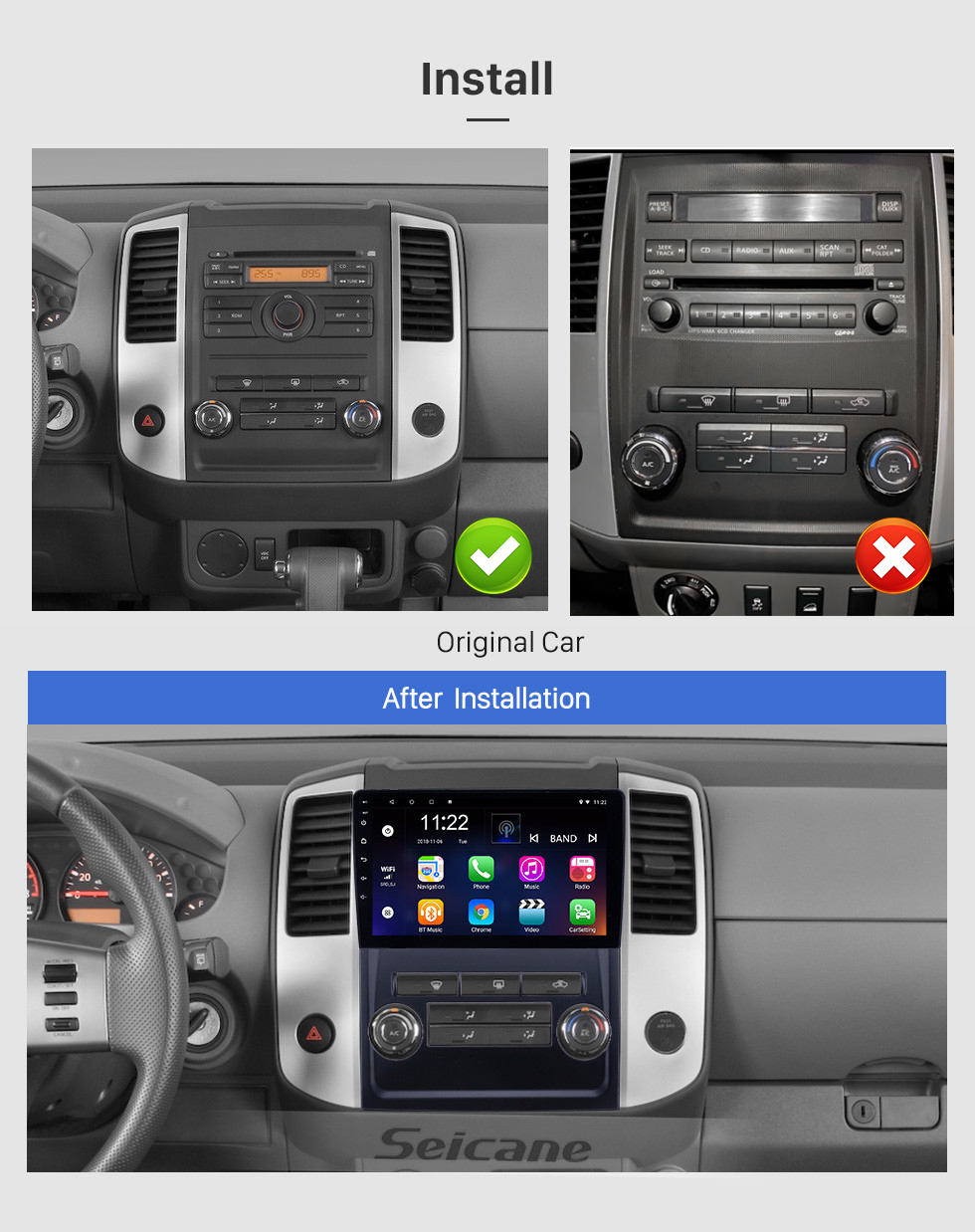 Seicane OEM 9-дюймовый Android 13.0 Радио для Nissan Frontier / Xterra 2009-2012 Bluetooth WIFI HD Сенсорный экран Поддержка GPS-навигации Carplay DVR Задняя камера