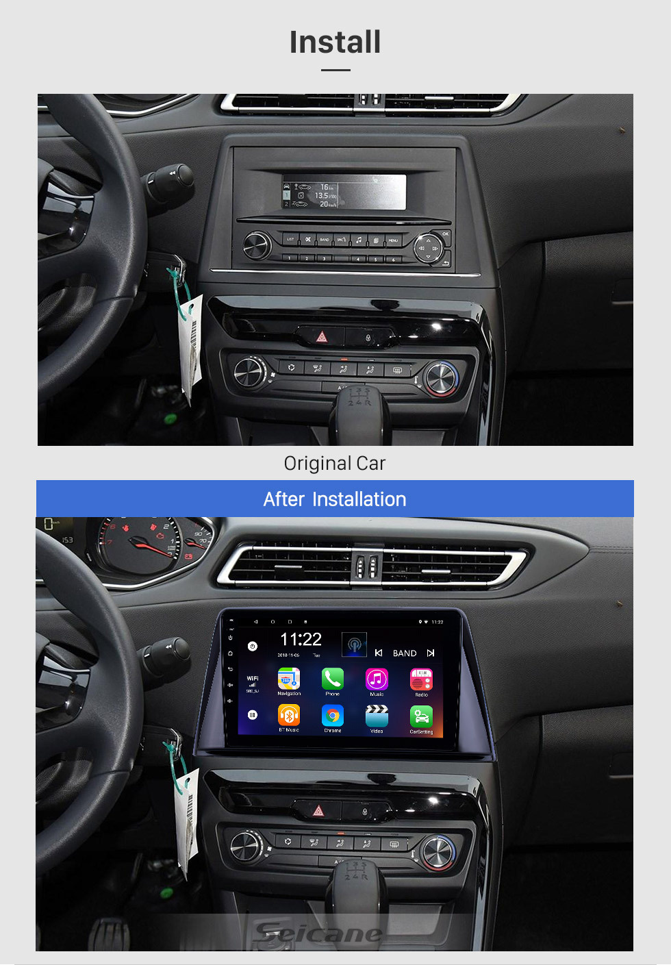 Seicane Écran tactile HD 9 pouces Android 10.0 Radio de navigation GPS pour Peugeot 308 2016-2018 avec prise en charge Bluetooth Caméra de recul Carplay