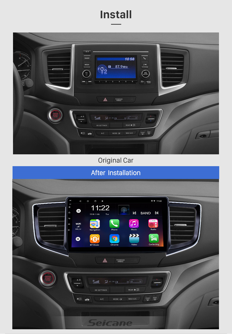 Seicane 10.1 Inch Car Audio System Android 13.0 for 2016 Honda Pilot with Touchscreen WIFI Bluetooth Support GPS Navi Carplay Steering Wheel Control