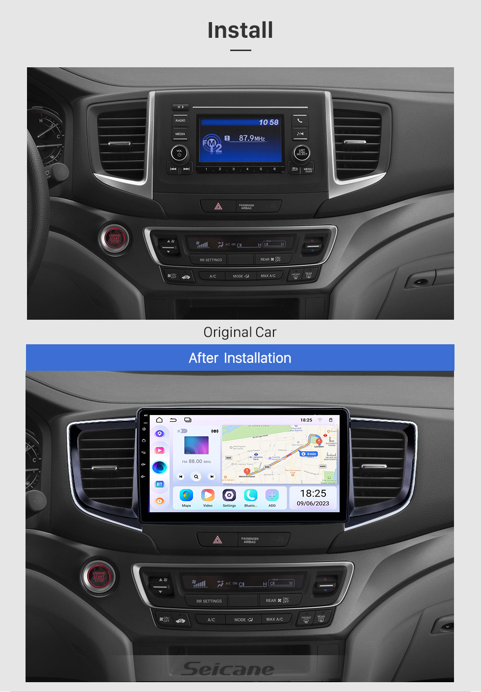 Seicane 10.1 Inch Car Audio System Android 13.0 for 2016 Honda Pilot with Touchscreen WIFI Bluetooth Support GPS Navi Carplay Steering Wheel Control