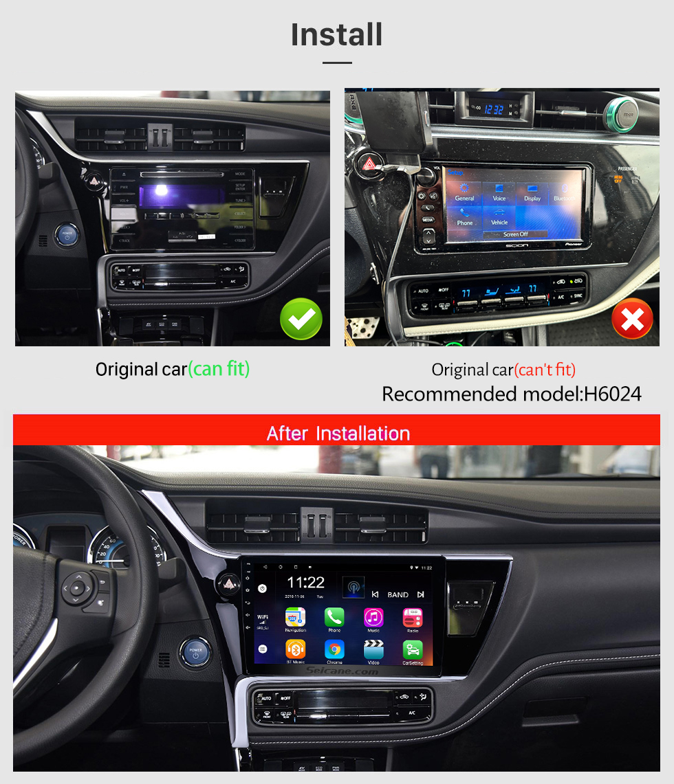 Seicane 10.1 pulgadas Android 13.0 para Toyota Corolla Altis 11 Auris E170 E180 2017 2018 2019 Radio Sistema de navegación GPS con pantalla táctil HD Soporte Bluetooth Carplay OBD2