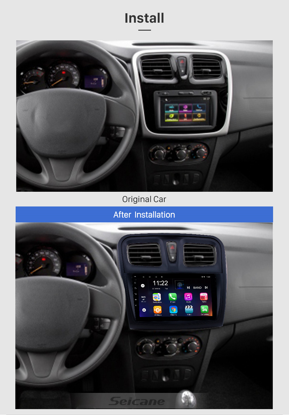Seicane 9 pouces Android 10.0 Radio de navigation GPS pour 2012-2017 Renault Sandero avec support écran tactile Bluetooth USB HD Carplay DVR OBD