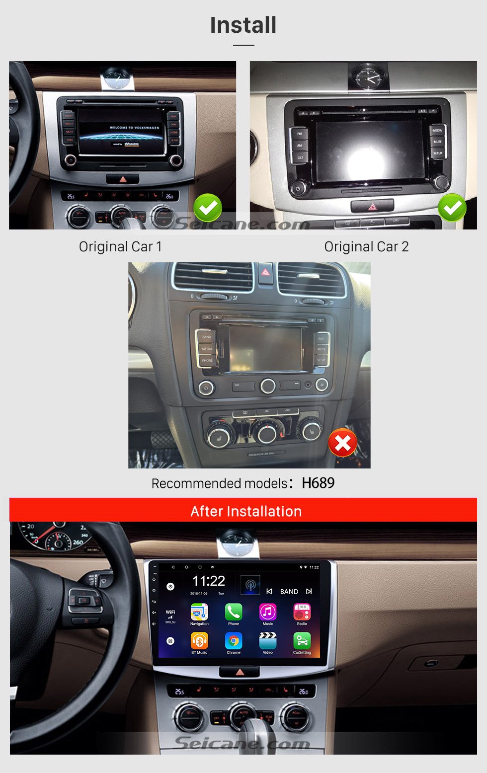 Seicane 2012 2013 2014 VW Volkswagen Magotan B7 Bora Golf 6 10,1 pouces Android 13.0 HD Radio de navigation GPS à écran tactile avec prise en charge Bluetooth WIFI 1080P