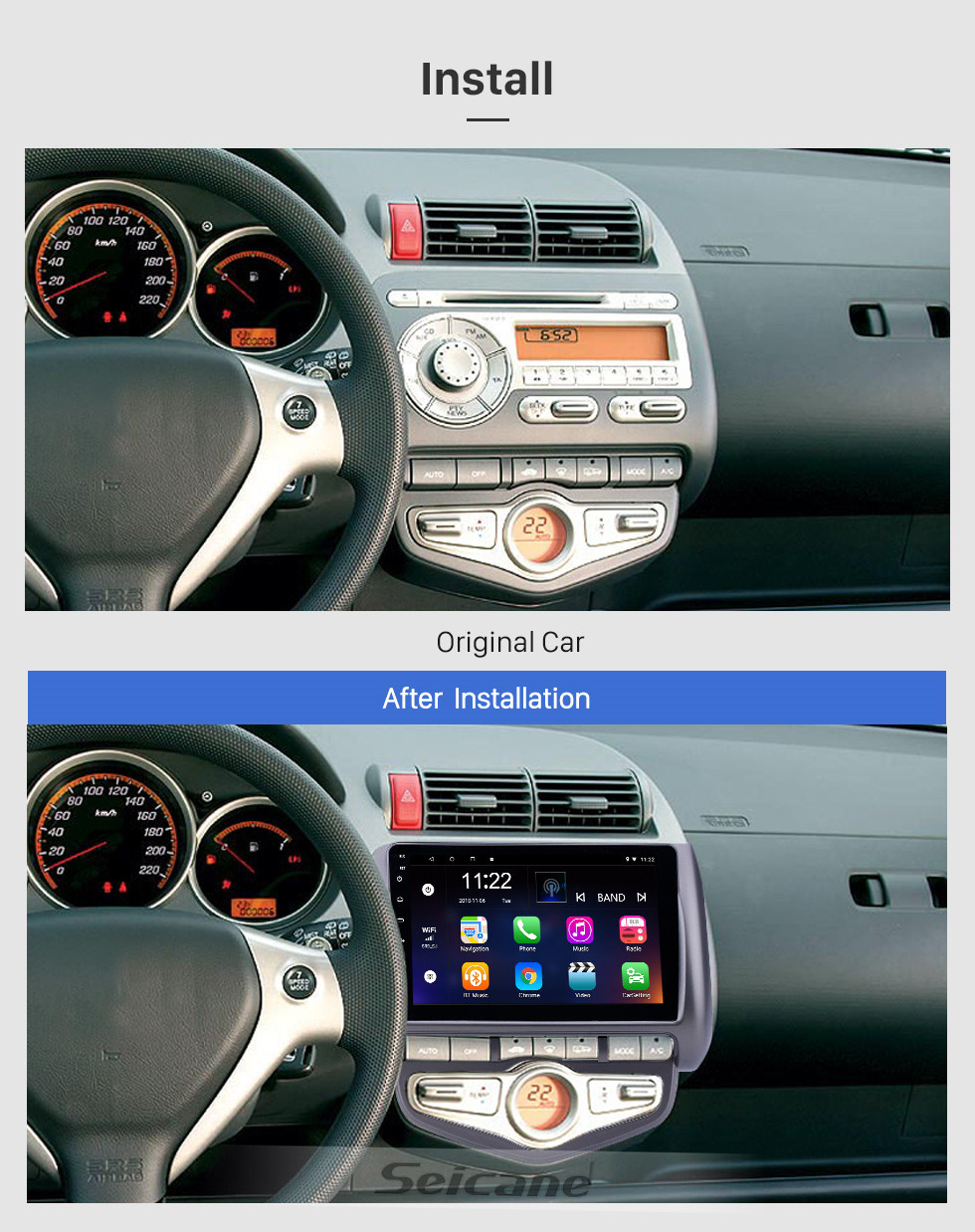 Seicane 9 pouces Android 10.0 Radio de navigation GPS pour 2006 Honda Jazz City Auto LHD avec support écran tactile Bluetooth HD Carplay DVR OBD