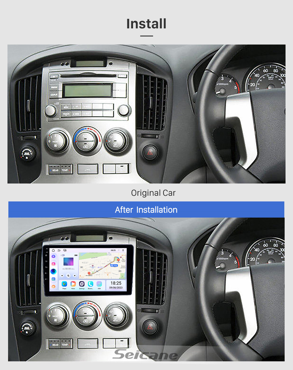 Seicane Rádio oem 9 polegadas android 13.0 para 2010-2014 hyundai h1 bluetooth wifi hd tela sensível ao toque suporte de navegação gps carplay câmera traseira