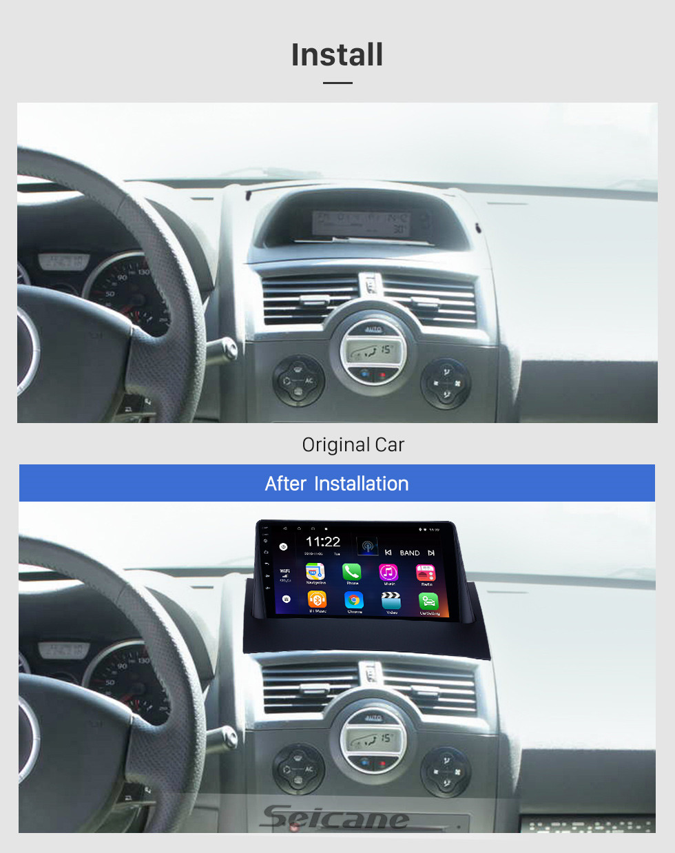 Seicane Écran tactile HD 9 pouces Android 10.0 Radio de navigation GPS pour 2004-2008 Renault Megane 2 avec prise en charge Bluetooth AUX Carplay TPMS