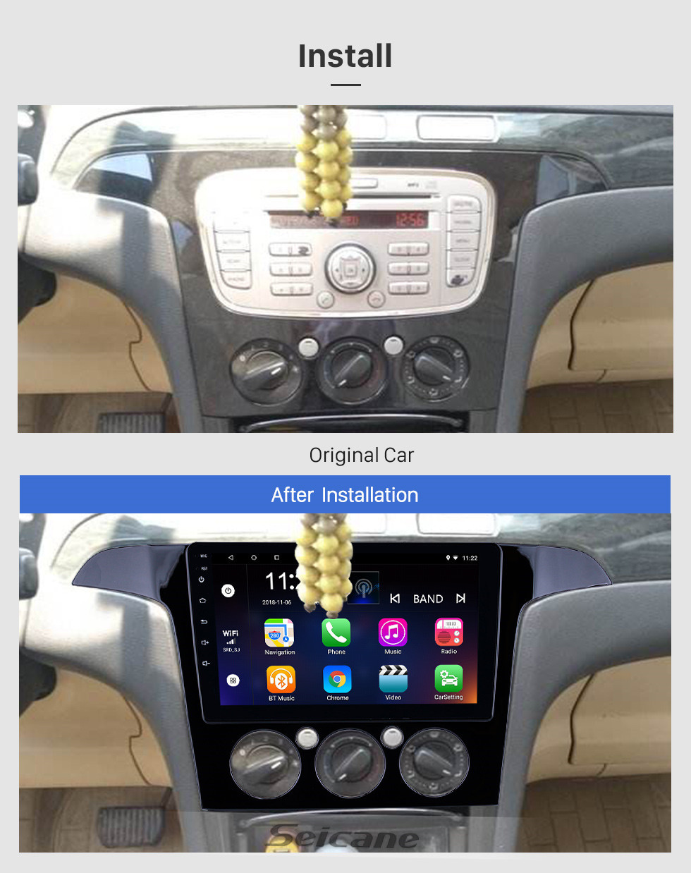 Seicane 2007-2008 Ford S-Max Manual A / C Android 10.0 HD à écran tactile Radio de navigation GPS Bluetooth de 9 pouces avec prise en charge OBD2 SWC Carplay