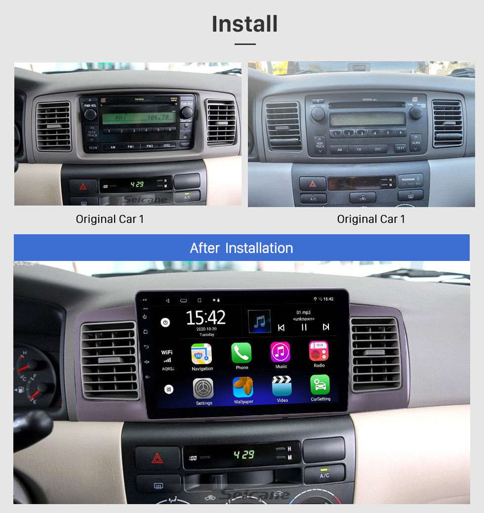 Seicane Écran tactile HD 9 pouces Android 10.0 Radio de navigation GPS pour Toyota Corolla 2006-2013 avec prise en charge Bluetooth AUX Carplay DAB + OBD