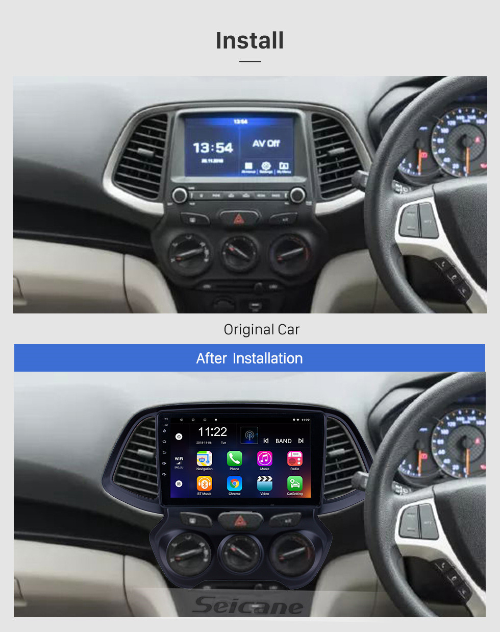 Seicane Radio de navegación GPS Android 10.0 de 9 pulgadas para 2018 Hyundai Santro / Atos con pantalla táctil HD Soporte Bluetooth Carplay Control del volante