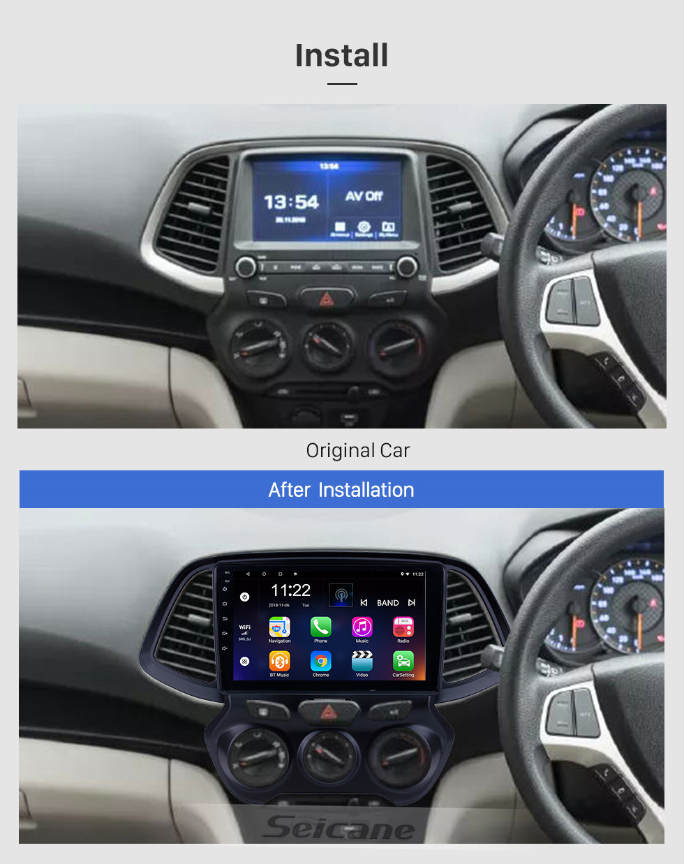 Seicane 9 pouces Android 10.0 Radio de navigation GPS pour 2018 Hyundai Santro / Atos avec support tactile HD Bluetooth prend en charge le contrôle de volant Carplay