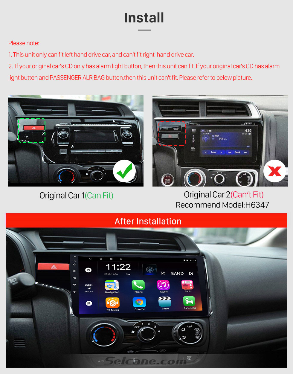 Seicane 9 inch 2014 Honda FIT Left Android 10.0 Radio DVD Player GPS Navigation System with 1024*600 Touchscreen Bluetooth 3G WIFI DVR Backup Camera DAB+ TPMS