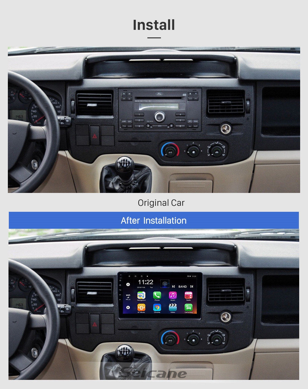 Seicane Radio de navegación GPS Android 13.0 de 10.1 pulgadas para Ford New Transit 2009-2019 con pantalla táctil HD Soporte Bluetooth Carplay Control del volante