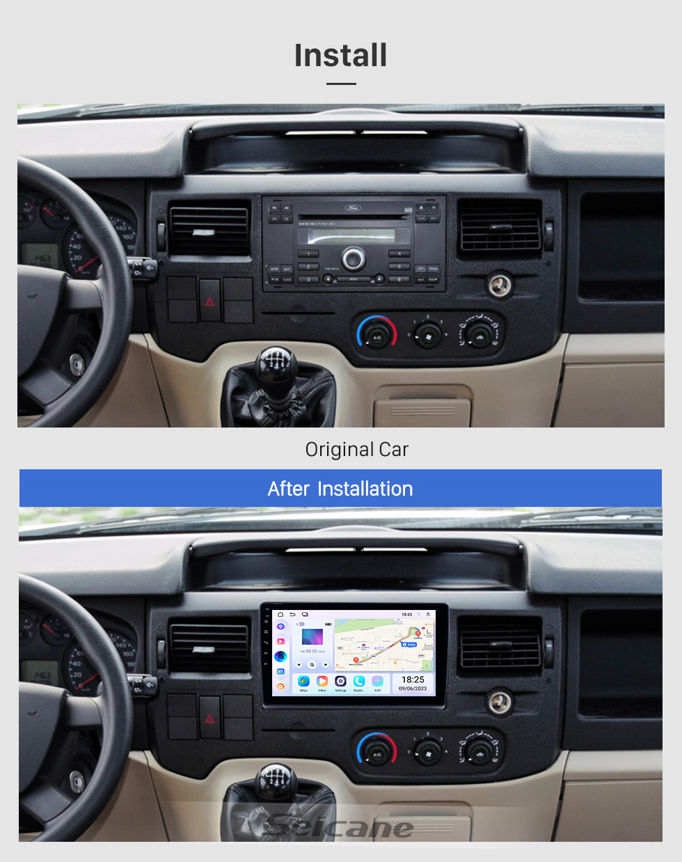 Seicane Radio de navegación GPS Android 13.0 de 10.1 pulgadas para Ford New Transit 2009-2019 con pantalla táctil HD Soporte Bluetooth Carplay Control del volante