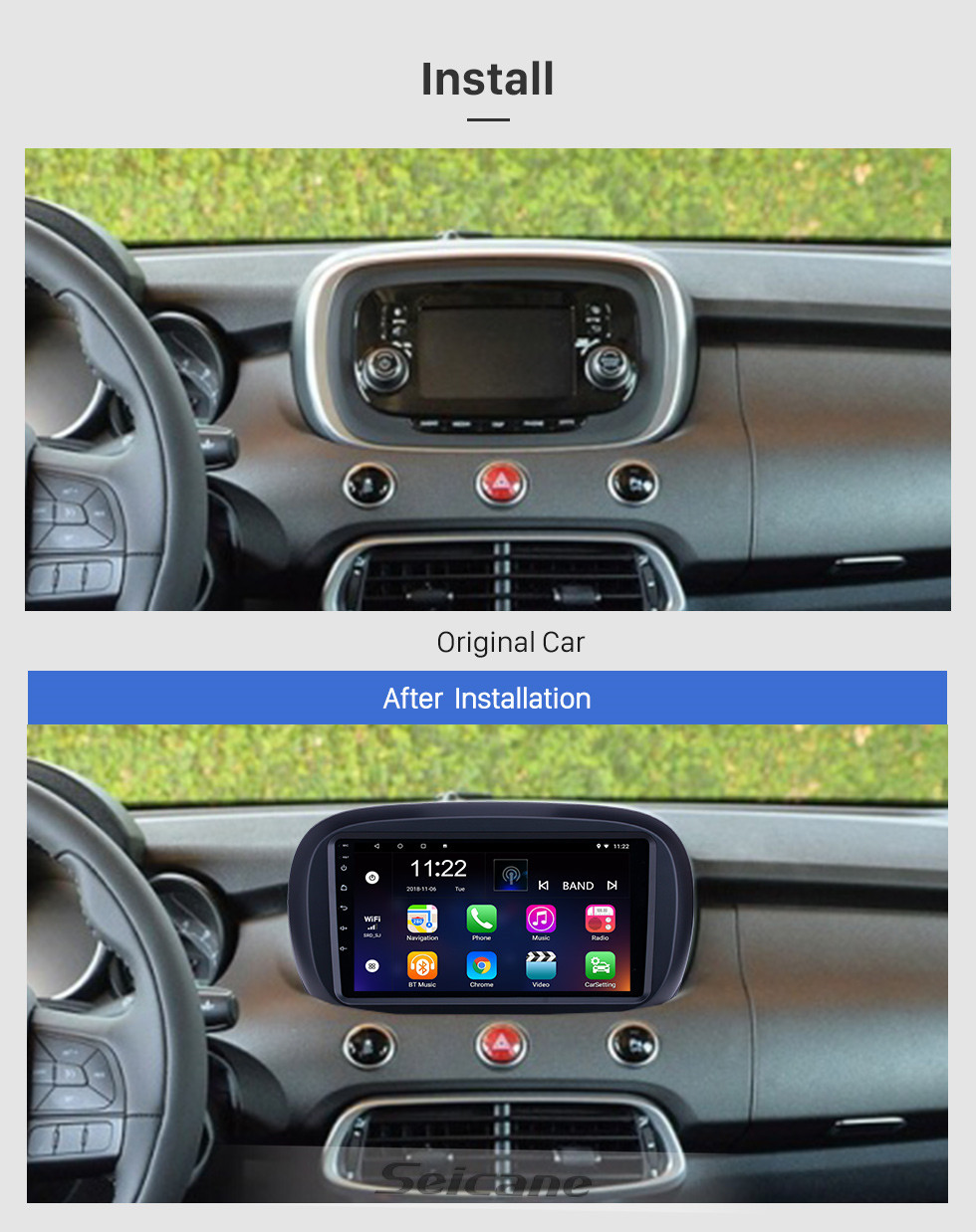 Seicane 2014-2019 Fiat 500X Android 13.0 Pantalla táctil HD 9 pulgadas AUX Bluetooth WIFI USB Navegación GPS Radio soporte SWC Carplay