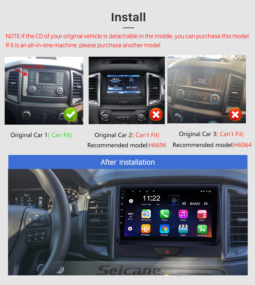 Seicane Android 10.0 Radio de navigation GPS à écran tactile HD de 9 pouces pour Ford Ranger 2018 avec prise en charge Bluetooth USB AUX Carplay DVR SWC