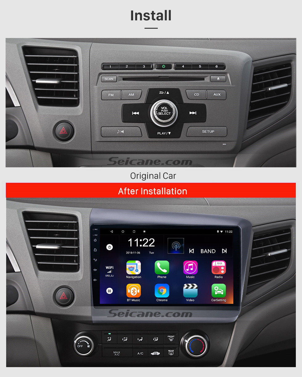 Seicane Radio de coche con pantalla táctil Android 13.0 HD de 9 pulgadas para 2012 Honda Civic LHD con Bluetooth Music 3G WiFi Mirror Link OBD2