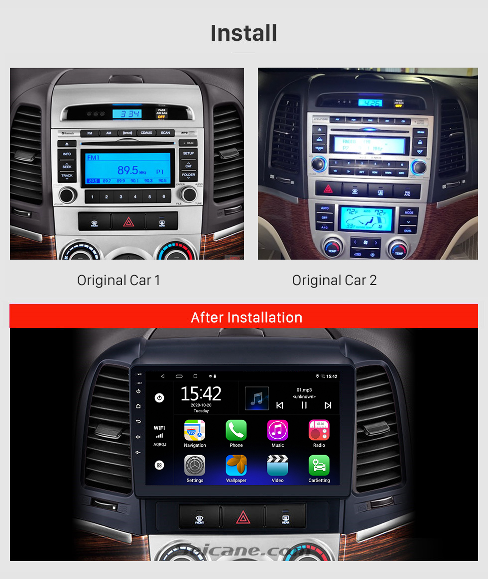 Seicane OEM 2005-2012 HYUNDAI Santafe Mise à niveau radio avec Android 10.0 Bluetooth Navigation GPS Système audio de voiture Écran tactile WiFi 3G Lien miroir OBD2 Caméra de recul DVR AUX