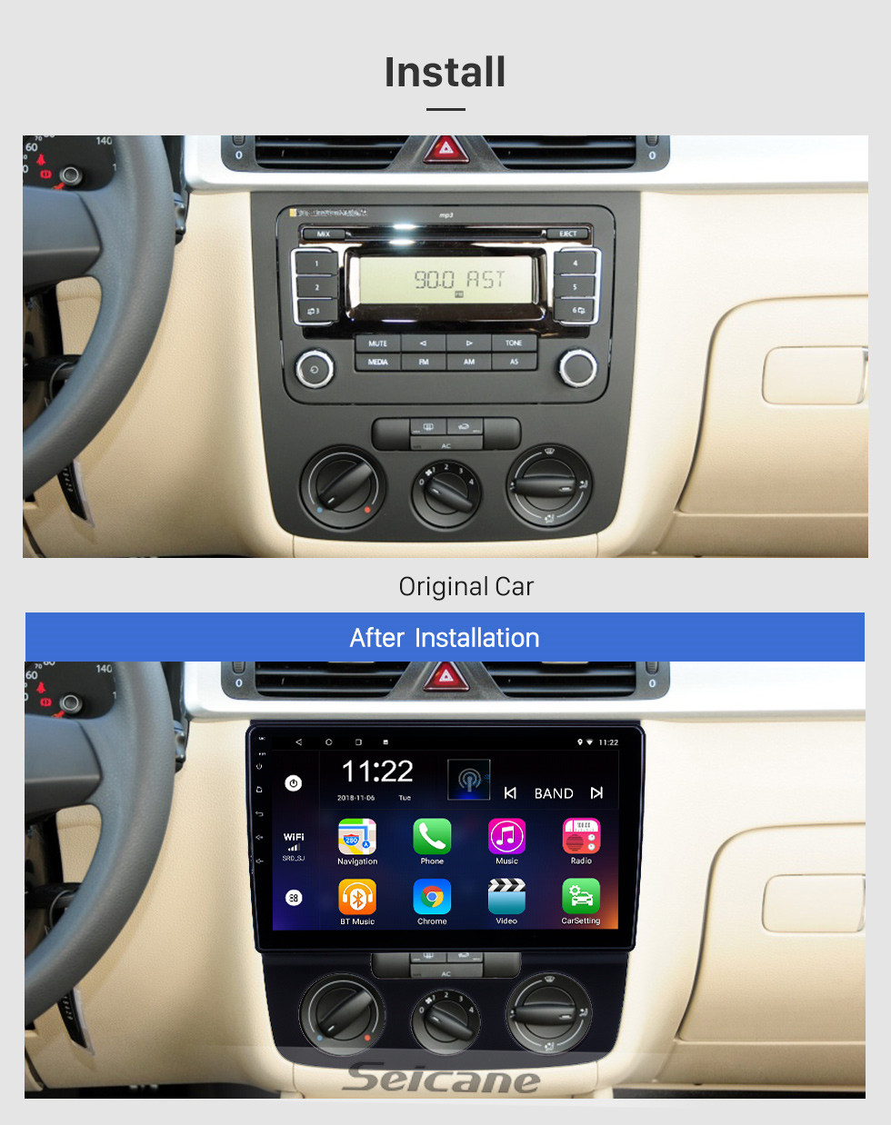 Seicane 10.1 inch Android 10.0 GPS Navigation Radio for 2006-2010 VW Volkswagen Bora Manual A/C With HD Touchscreen Bluetooth support Carplay Rear camera