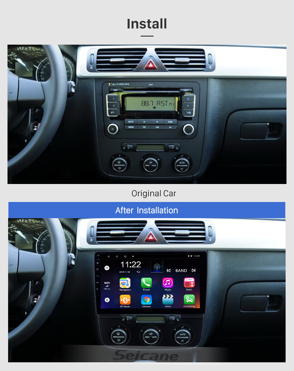 Seicane Pantalla táctil HD 10.1 pulgadas Android 10.0 Radio de navegación GPS para 2006-2010 VW Volkswagen Sagitar Manual A / C con soporte Bluetooth Carplay TPMS