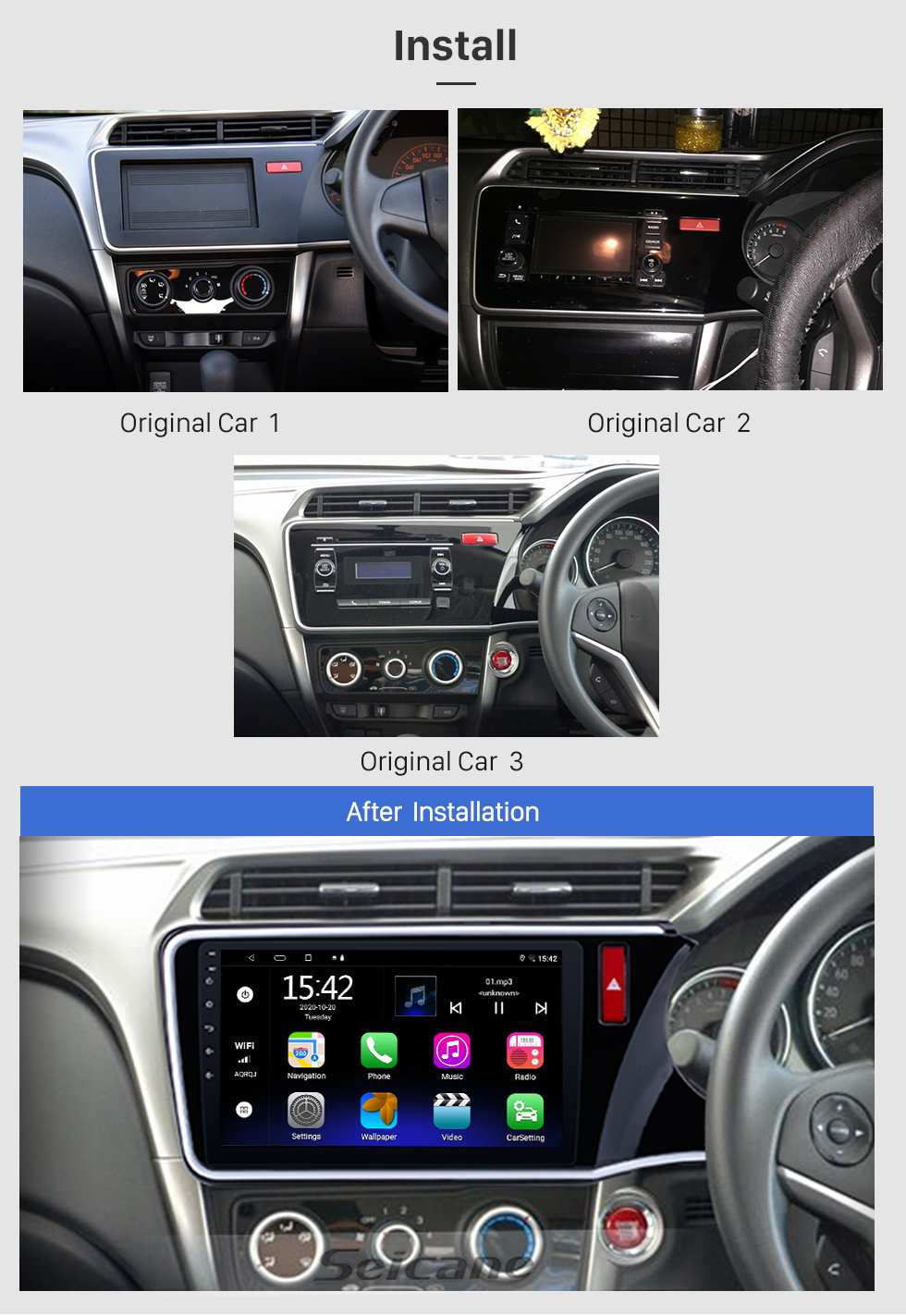 Seicane 10.1 polegada 1024 * 600 Ecrã Tátil Android 10.0 2014 2015 2016 2017 HONDA CIDADE RHD Rádio com 3G WIFI Música Bluetooth Câmera de Backup de TV Digital de Controle de Volante USB OBD2 TPMS