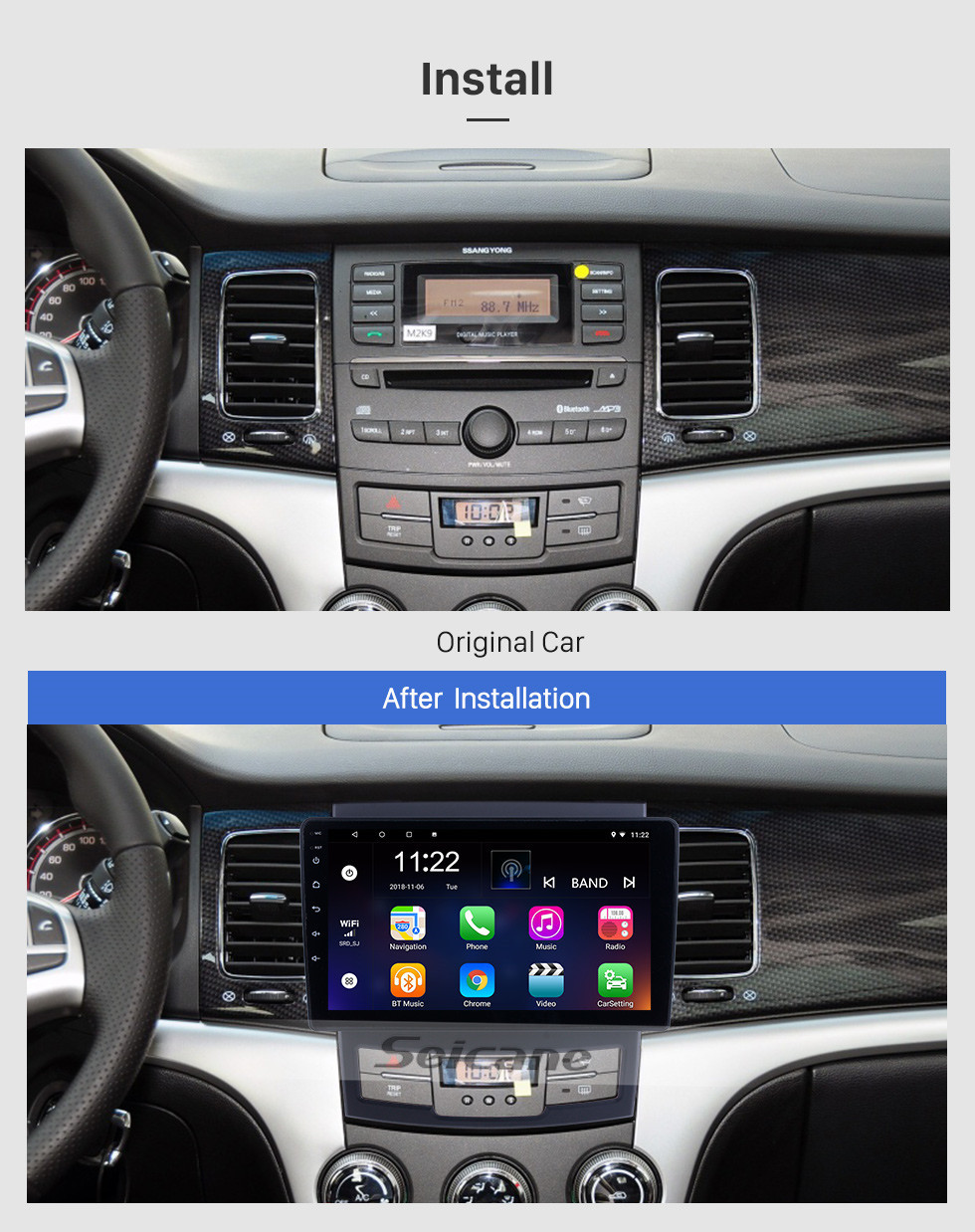 Seicane For 2011 2012 2013 SsangYong Korando Radio Android 10.0 HD Touchscreen 9 inch GPS Navigation with Bluetooth USB support Carplay SWC