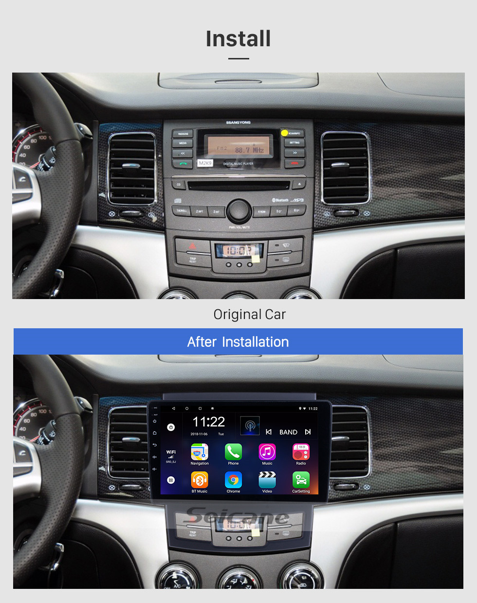 Seicane Pour 2011 2012 2013 SsangYong Korando Radio Android 10.0 HD Écran tactile 9 pouces Navigation GPS avec support Bluetooth USB Carplay SWC