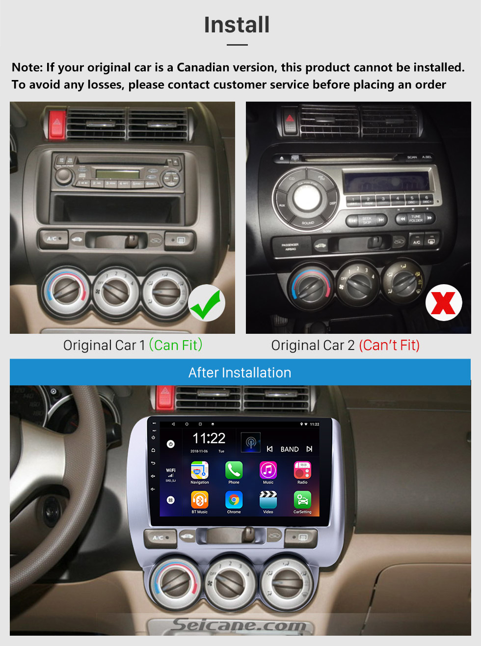 Seicane 9-дюймовый сенсорный экран Android 13.0 GPS Navi Радио для 2004-2007 HONDA Jazz/FIT Manual AC LHD 2006 2007 CITY 2011-2019 EVERUS S1 Bluetooth WIFI Mirror Link USB