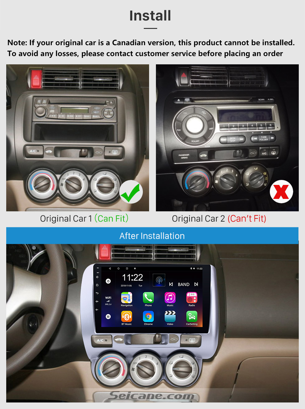 Seicane Écran tactile 9 pouces Android 13.0 GPS Navi Radio pour 2004-2007 HONDA Jazz/FIT Manual AC LHD 2006 2007 CITY 2011-2019 EVERUS S1 Bluetooth WIFI Mirror Link USB