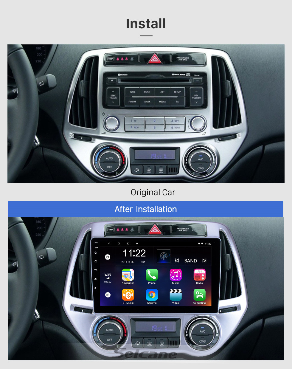 Seicane Pour 2012 2013 2014 Hyundai i20 Auto A / C Radio 9 pouces Android 10.0 HD Système de navigation GPS à écran tactile avec prise en charge Bluetooth Carplay SWC