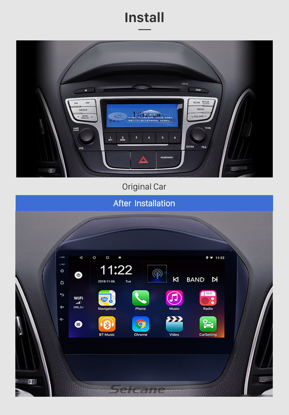 Seicane 9 pouces HD écran tactile Android 10.0 Radio pour 2009 2010 2011-2015 Hyundai IX35 avec GPS Sat Nav Bluetooth WIFI USB 1080P Lien miroir vidéo DVR OBD2