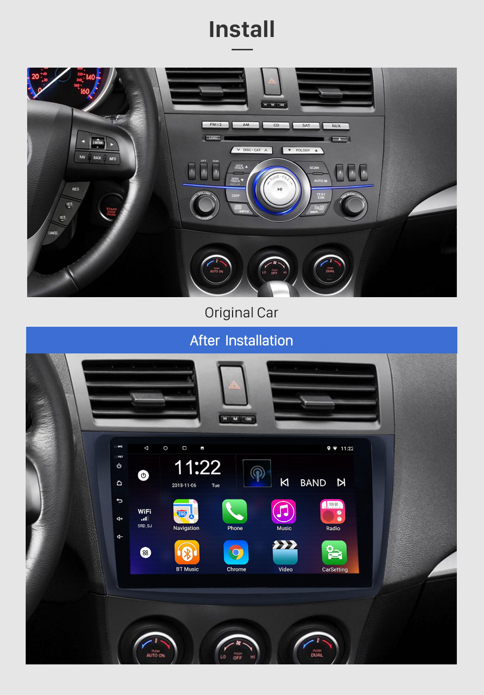 Seicane Für 2009-2012 Mazda 3 Axela 9 Zoll Android 10.0 HD Touchscreen Auto Stereo WIFI Bluetooth GPS Navigationssystem Radiounterstützung SWC DVR OBD Carplay RDS