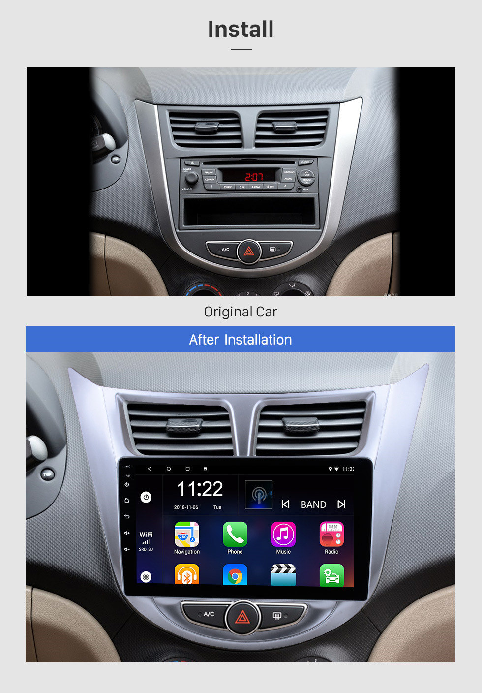 Seicane 9 Zoll HD 1024 * 600 Android 13.0 2011 2012 2013 Hyundai Verna Accent Solaris Radio Upgrade GPS-Navigation Aftermarket Auto Stereo Multitouch Kapazitiver Bildschirm Bluetooth Musik 3G WiFi Spiegel Link OBD2 MP3 MP4