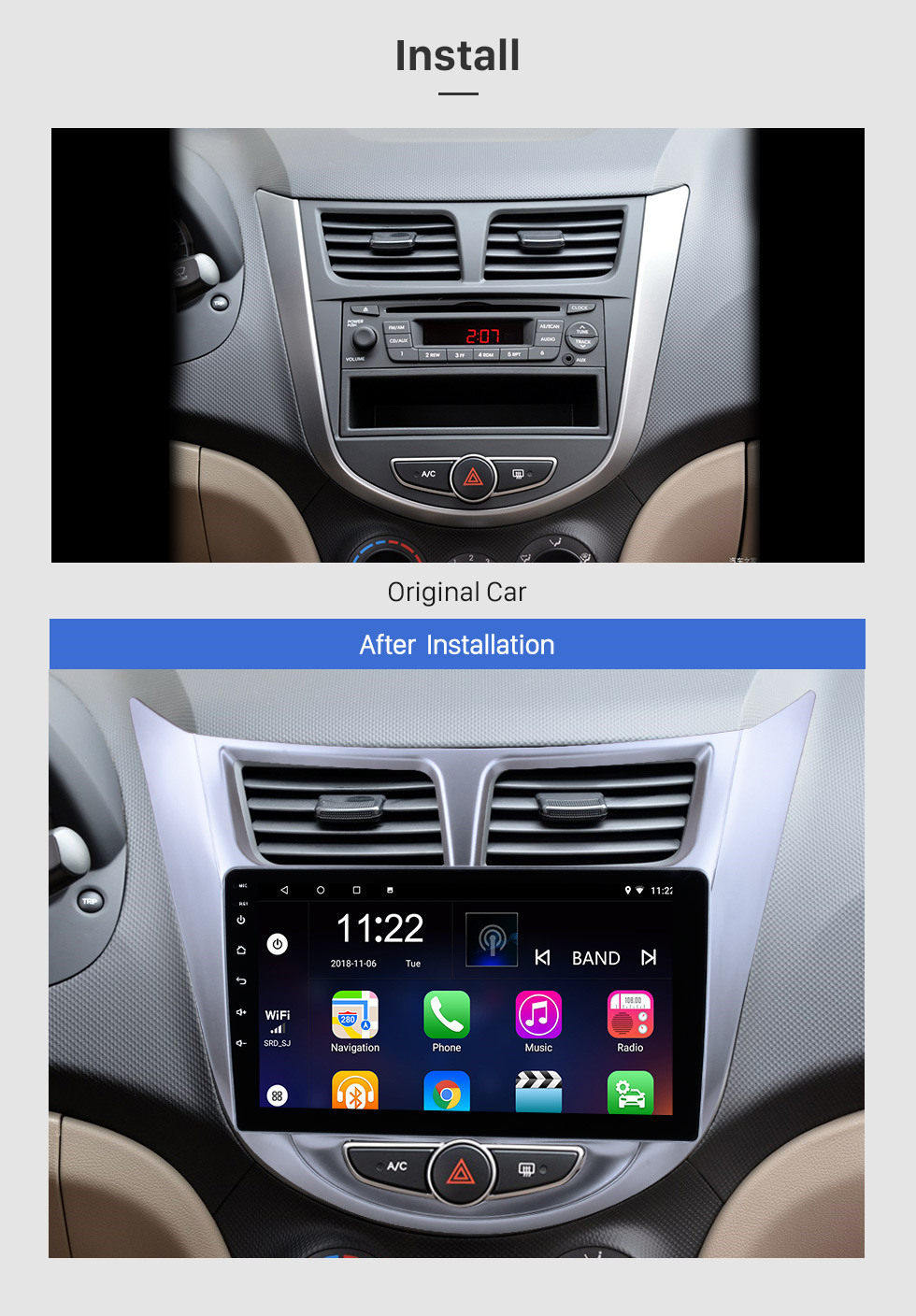 Seicane 9 pouces HD 1024 * 600 Android 13.0 2011 2012 2013 Hyundai Verna Accent Solaris Radio Upgrade Navigation GPS Aftermarket Car Stéréo Multi-touch Écran capacitif Bluetooth Musique 3G WiFi Lien Miroir OBD2 MP3 MP4