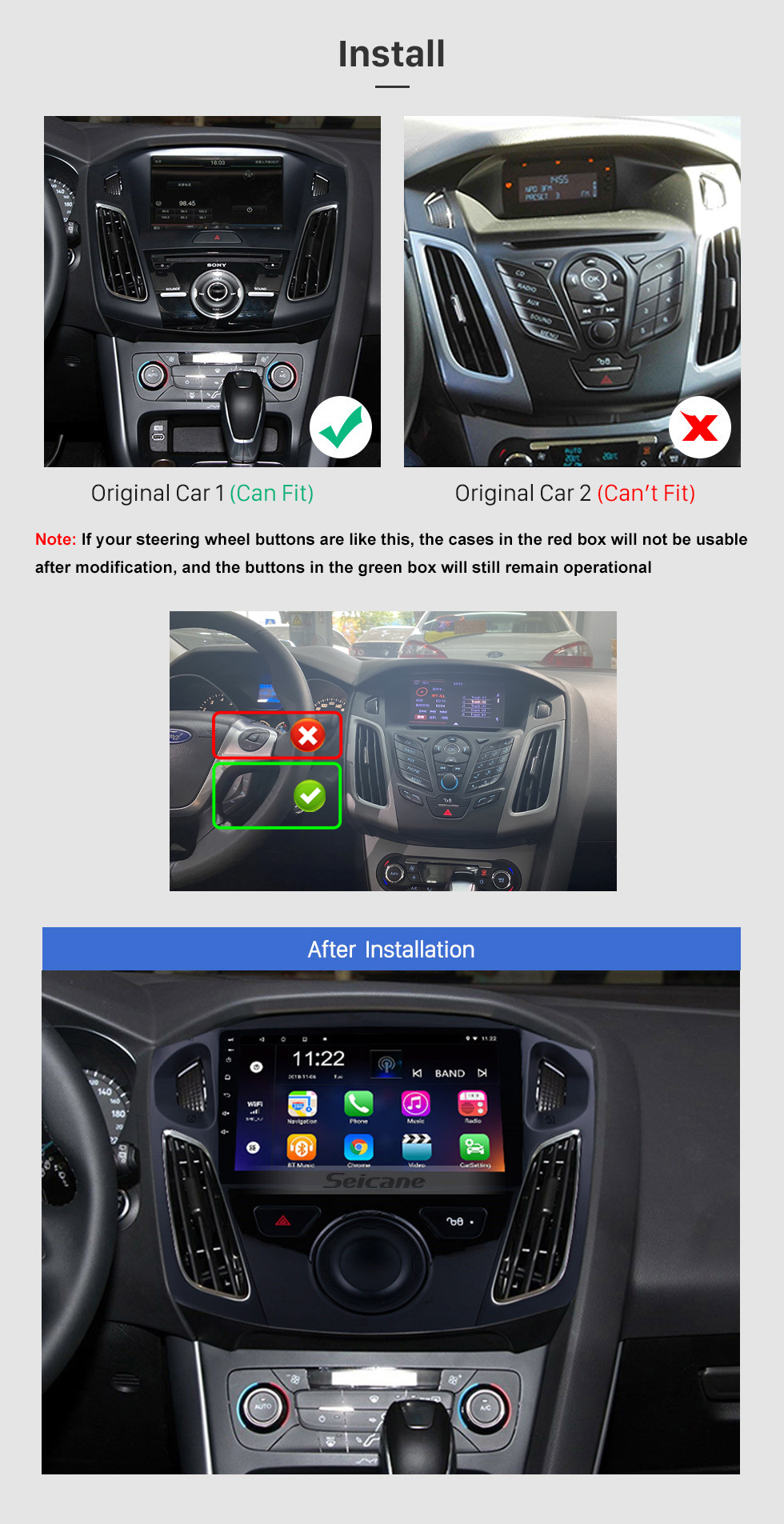 Seicane 9 pouces Android 13.0 Navigation GPS HD 1024 * 600 Radio à écran tactile pour 2011 2012-2015 Ford Focus avec Bluetooth WIFI 1080P USB Mirror Link OBD2 DVR Commande au volant